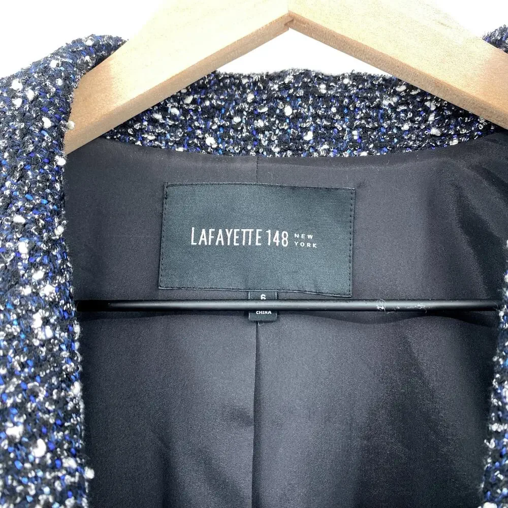 Lafayette 148 Tweed Boucle‎ Wool Blend Blazer Jacket Black Blue White Size 6
